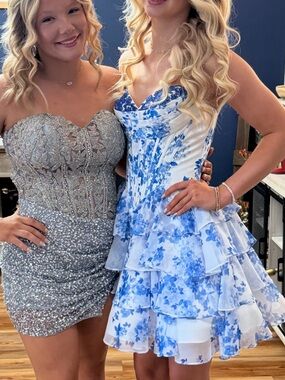 Jovani White and Blue Floral Strapless Tiered Mini Dress